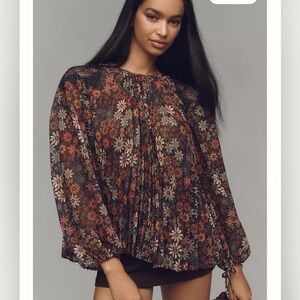 Farm Rio for Anthropologie Long-sleeve Sheer Pleated Blouse